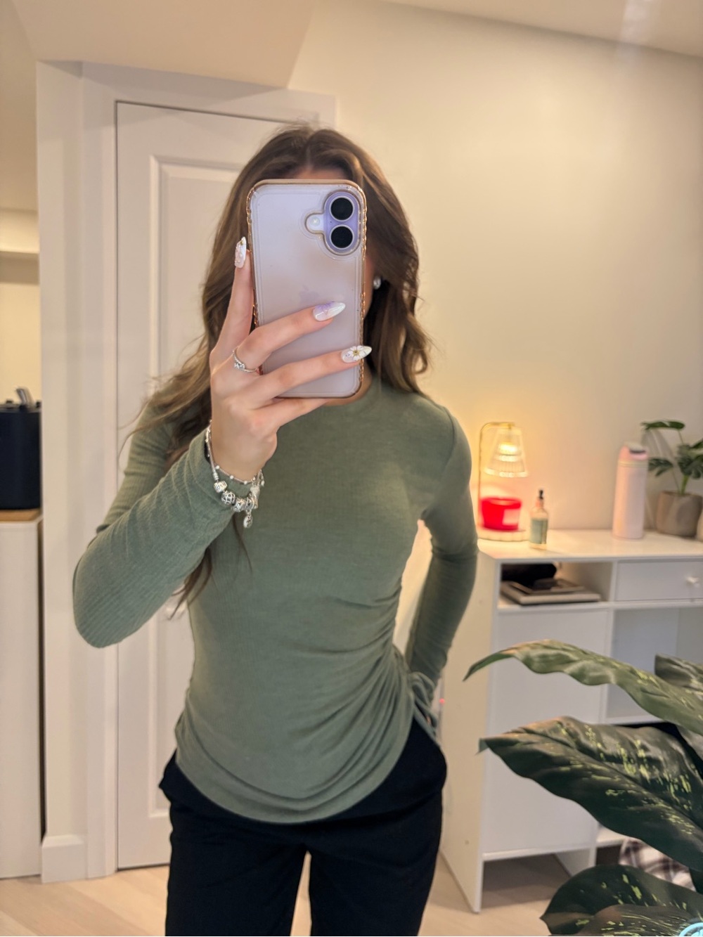 Dynamite Olive Green Long Sleeve Crewneck Top